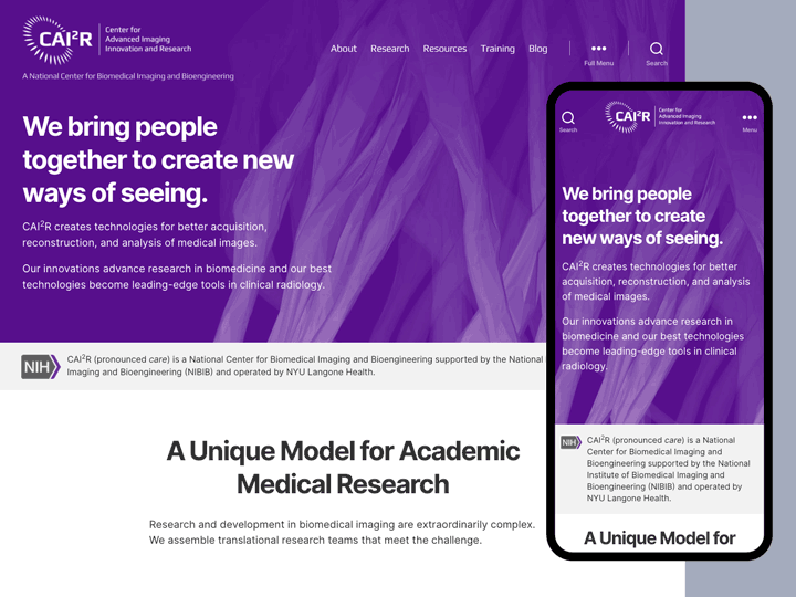 Desktop and mobile screenshots of cai2r.net homepage.