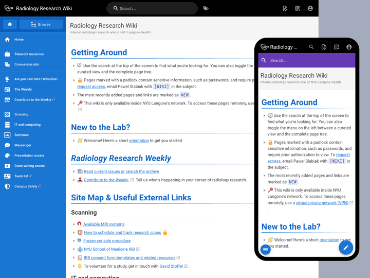 Illustration: desktop and mobile screenshots of the radiology research intranet homepage