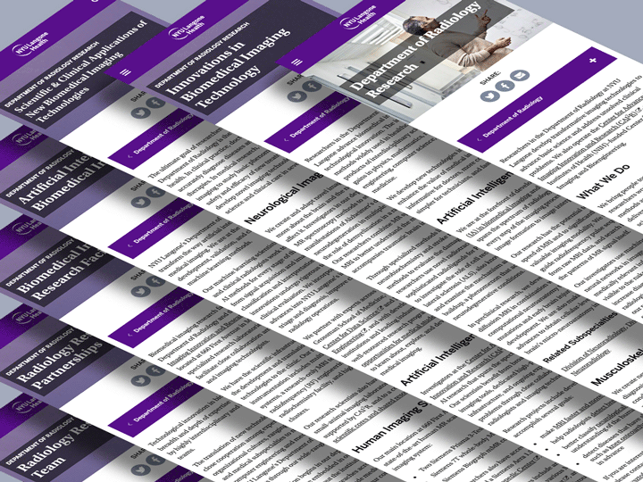 Illustration: floating screenshots of radiology research pages on med.nyu.edu.